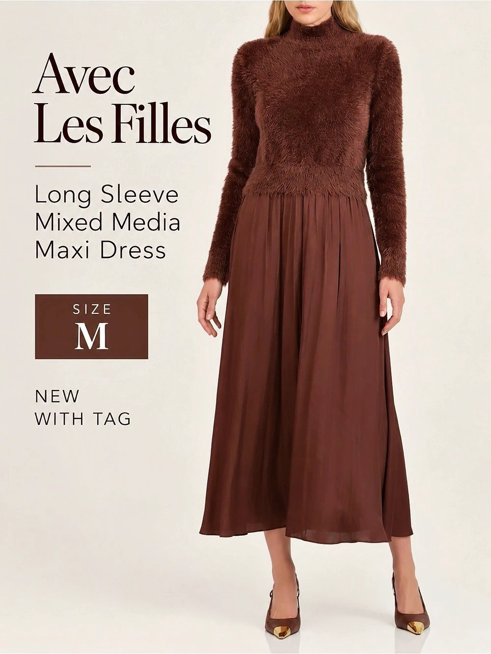 Avec Les Filles Mixed Media Maxi Dress Chocolate Brown Fuzzy NWT M